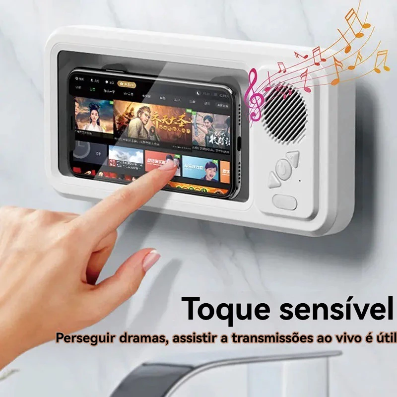 AquaBox instalada na parede com celular encaixado, tela sensível ao toque